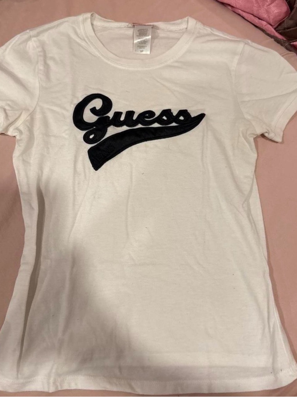 GUESS White Short-Sleeve Baby Tee with Black Script Patch Logo